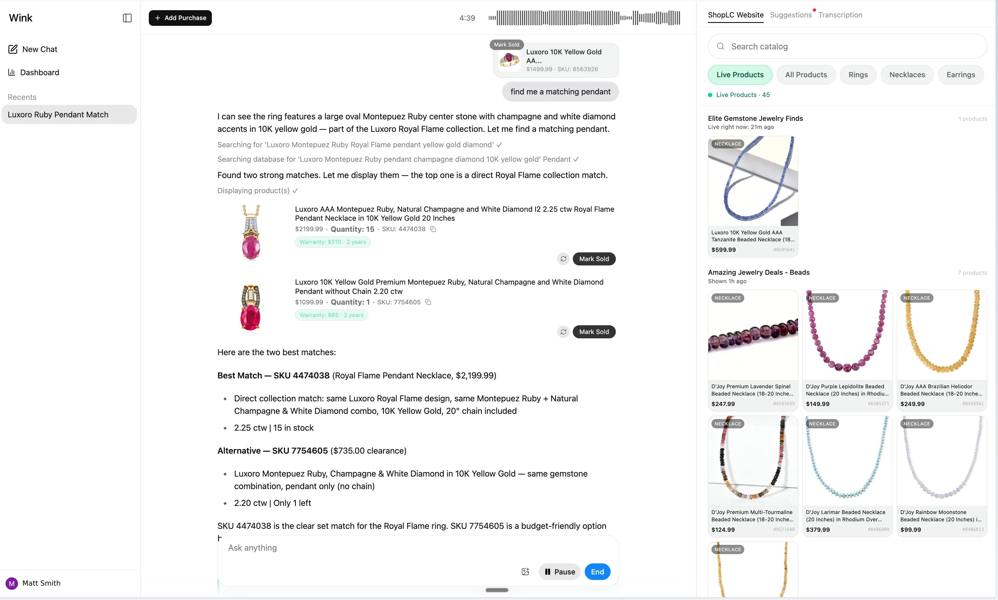 Wink live sales call workspace with chat, live audio, and catalog search
